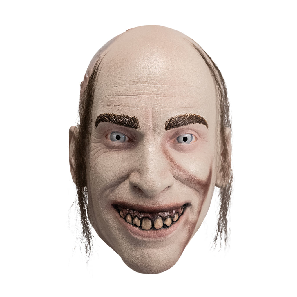 Latex mask of Man's face (Chop Top character) with stringy hair, painted faux metal skull plate detail, dirty teeth and blue eyes, front view