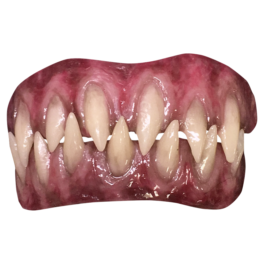 costume teeth.  upper and lower teeth, sharp fangs set in pink and red gums