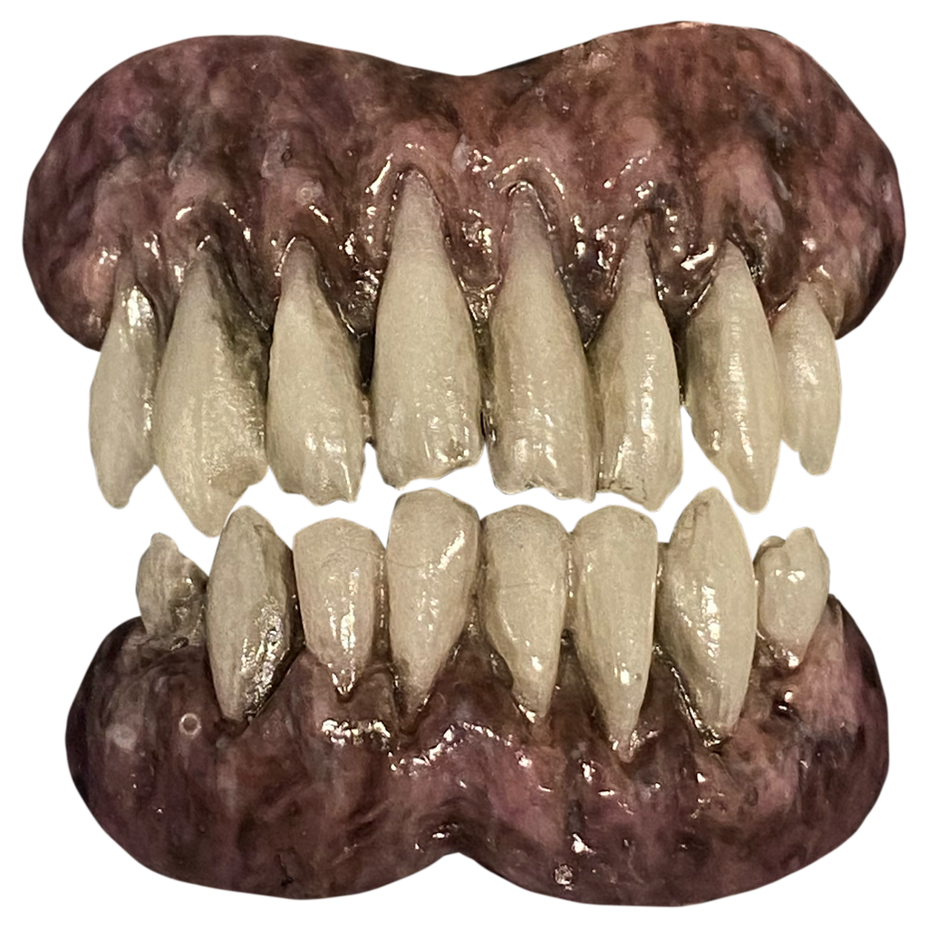 Costume teeth. Upper and lower Misaligned, jagged, dirty teeth. Set in pink and brown receding gums.