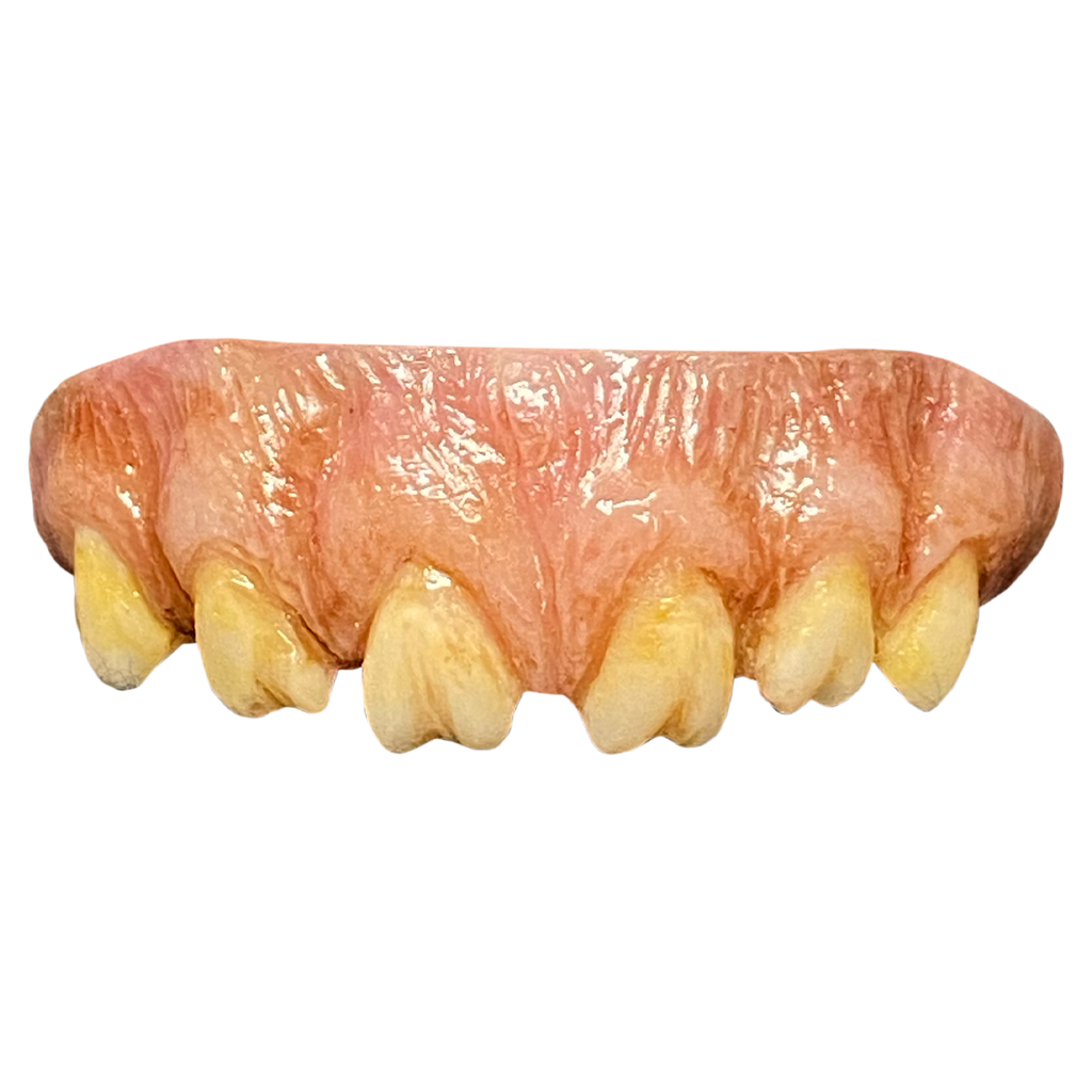 costume teeth.  upper set only.  yellow, misshapen gapped teeth, set in pale pink and brown gums