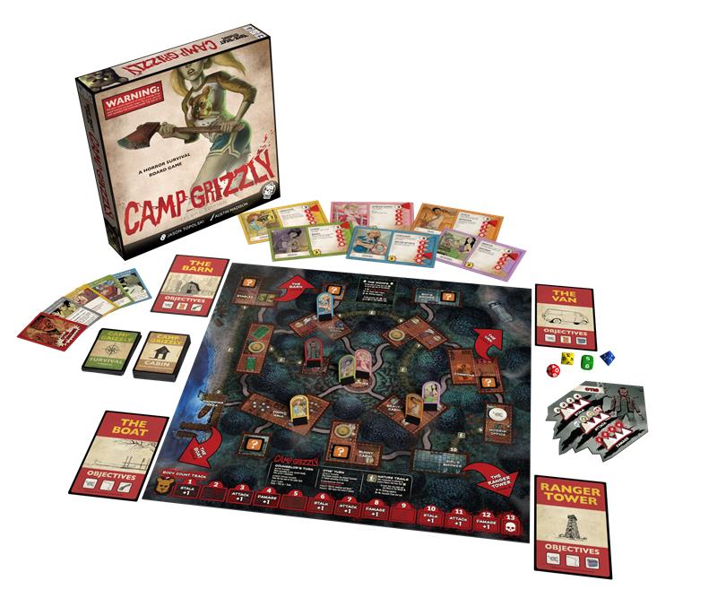 Camp Grizzly game box front. Illustrated scene of a woman holding an ax , red and white shirt with an illustration of a bear, blue shorts, white background.  White text in red box top left reads Warning. Black text reads A horror survival board game. Red text at bottom reads Camp Grizzly white text at bottom reads Jason Topolski and Austin Madison. White Trick or Treat Studios logo at bottom right.  Game board cards and pieces.