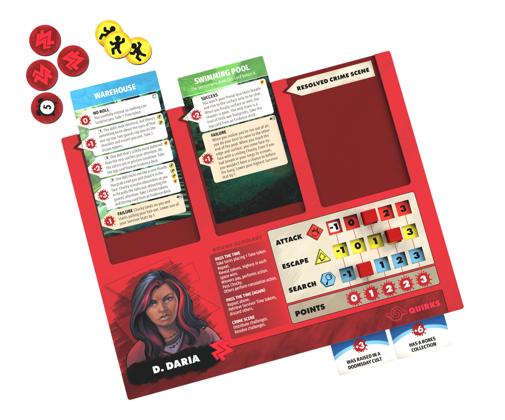 Game components. Example character D. Daria.