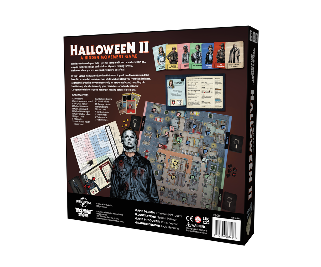 Board game box, back.  white text reads, Halloween II. orange text reads A hidden movement Game. Game description. Game board and game pieces shown. Artist, manufacturing and licensing information.