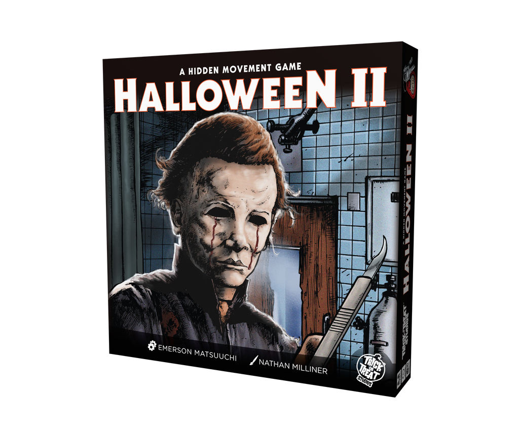 White background. Halloween II board game box cover. Illustration showing Michael Myers holding a scalpel, wearing a mask and coveralls in a hospital scene. White text reads, a hidden movement game, Halloween II. White text at bottom reads, Emerson Matsuuchi, Nathan Milliner. White Trick or Treat Studios logo in bottom right corner of box.