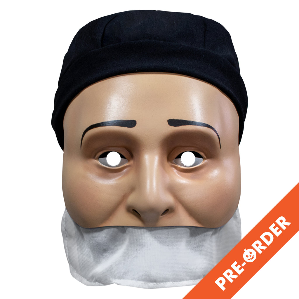 Plastic face mask. Humanoid mask, flesh tone with black eyebrows, ends below nose where white veil comes down to cover lower face, wearing black cap.  Orange diagonal banner at bottom right of image, white text reads pre-order.