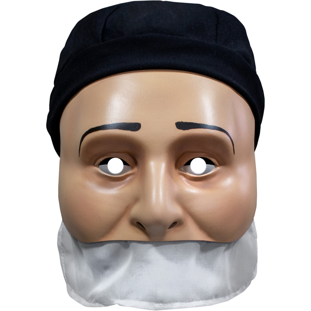 Plastic face mask.  Humanoid mask, flesh tone with black eyebrows, ends below nose where white veil comes down to cover lower face, wearing black cap.