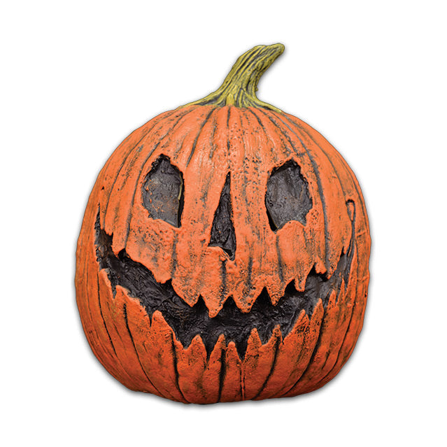 Mask.  Orange realistic jack o' lantern, black eyes, nose and mouth, yellow green stem.