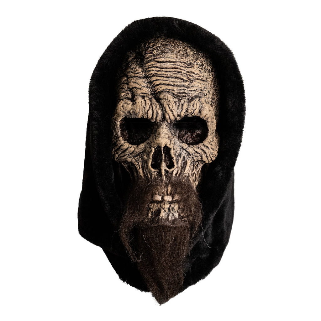 mask, front view. distressed skeletal face with long, dark brown beard, wearing black hood.