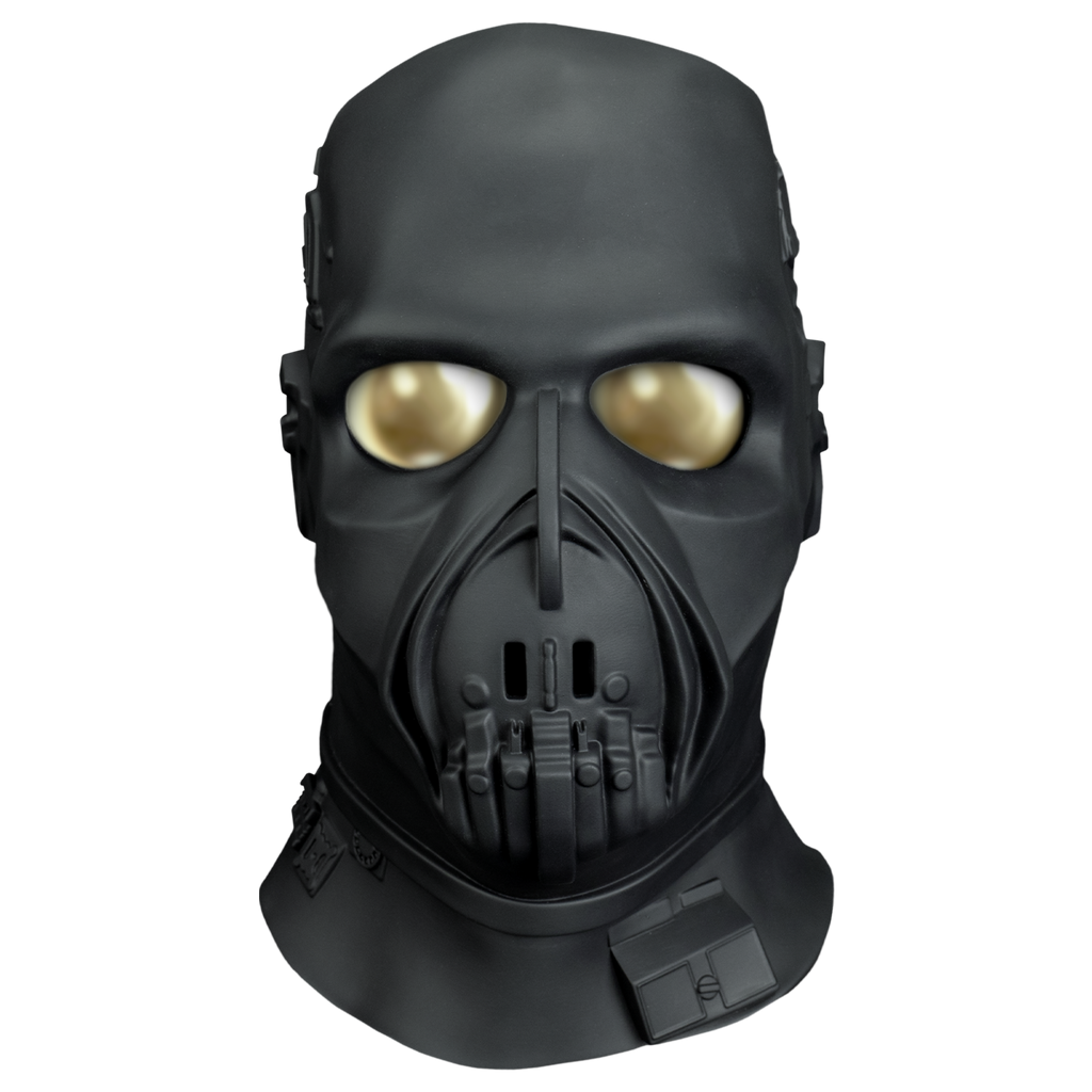 Mask, front view.  entirely Black, except for large reflective gold eyes, mechanical details nose, mouth neck and sides of head