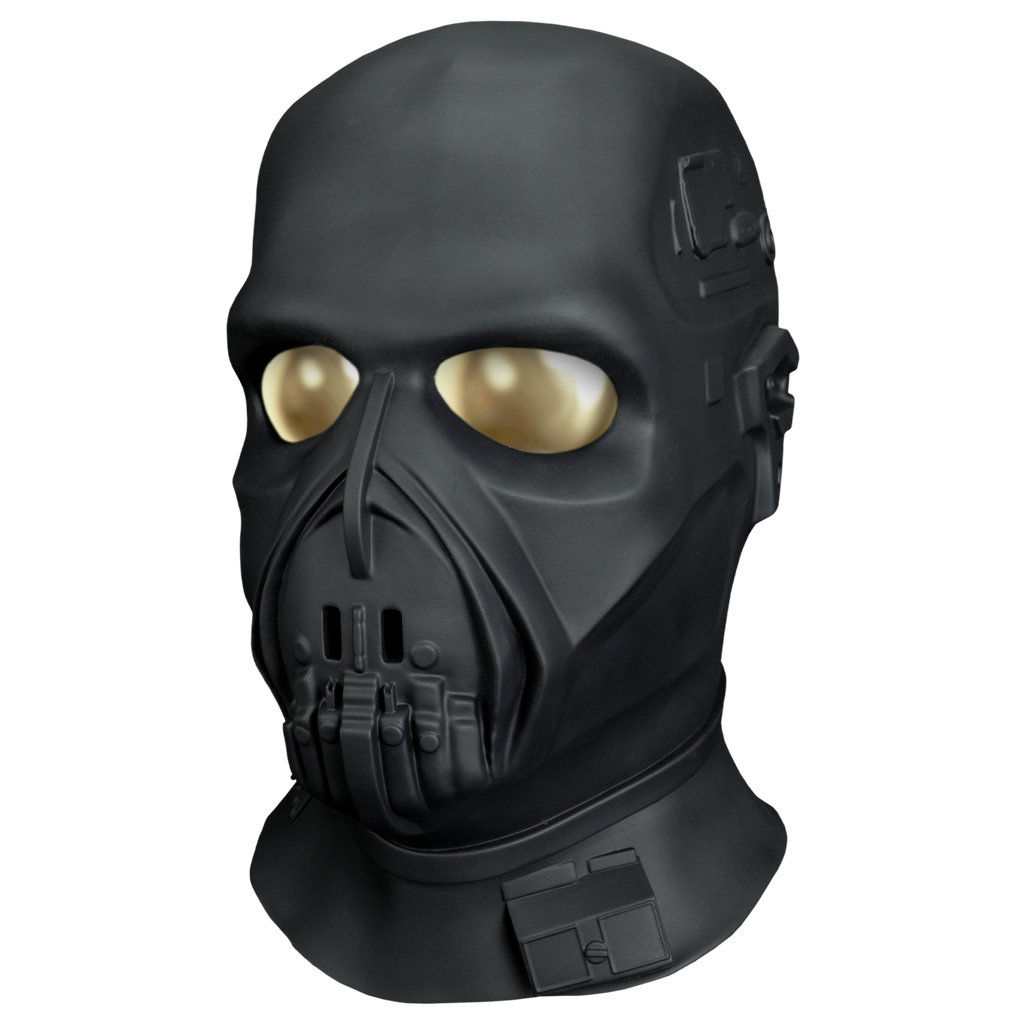 Mask, left view.  entirely Black, except for large reflective gold eyes, mechanical details nose, mouth neck and sides of head