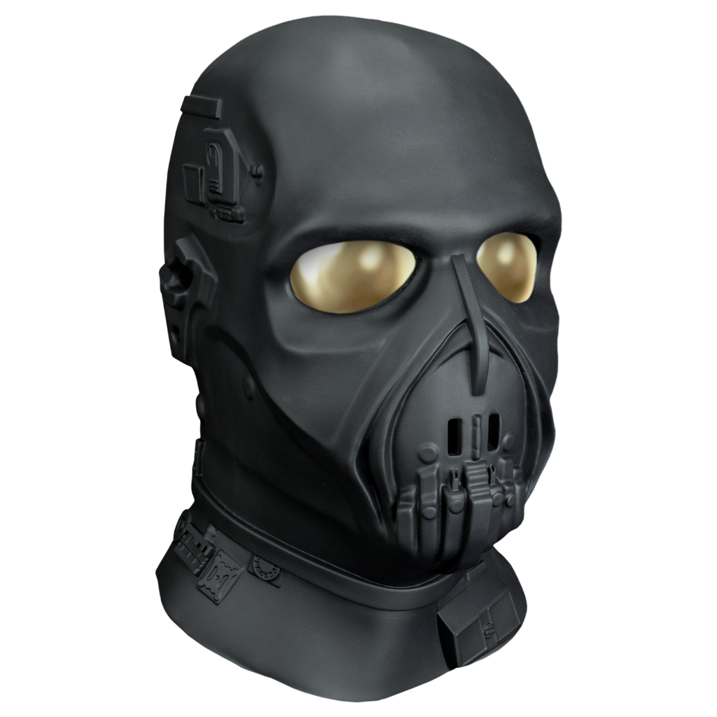 Mask, right view.  entirely Black, except for large reflective gold eyes, mechanical details nose, mouth neck and sides of head