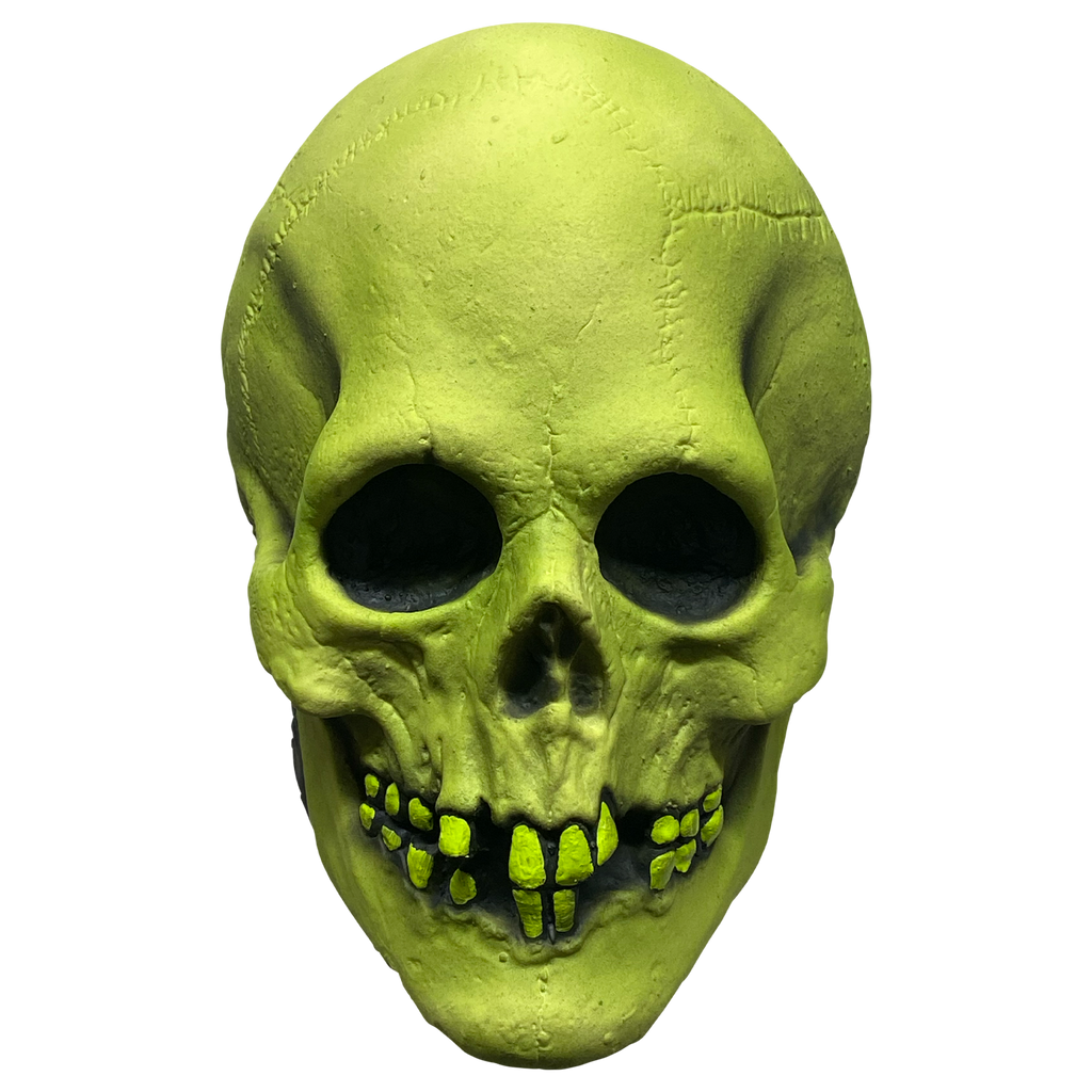 skull mask, front view. day-glow green , cracked skull, missing some teeth. black shading. 