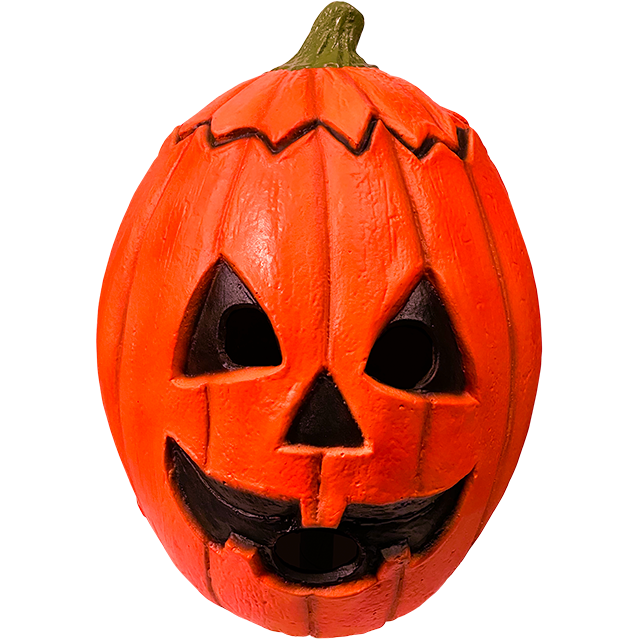 Pumpkin-shaped mask with a carved face on a white background