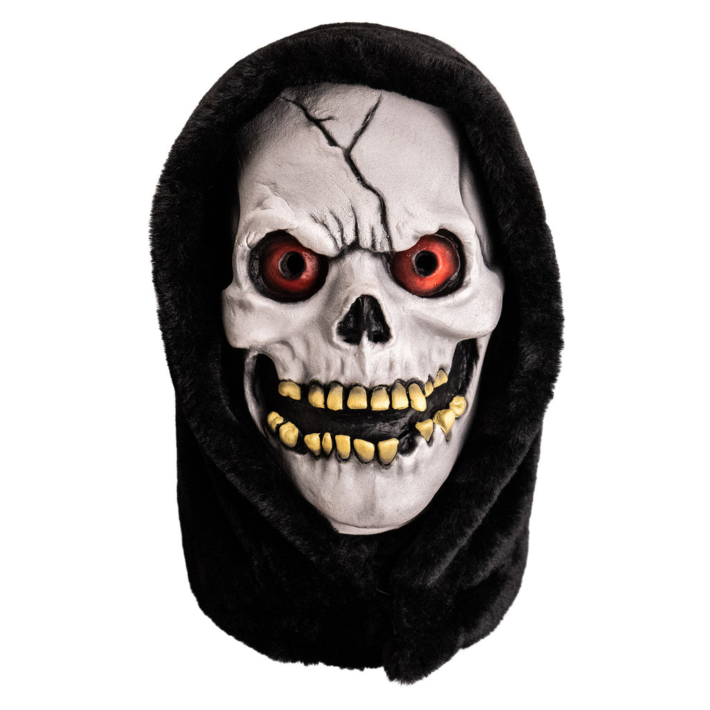 mask, front view. white skull face with black crack in forehead, red eyes, open grinning mouth showing yellowed crooked teeth.  wearing black hood.