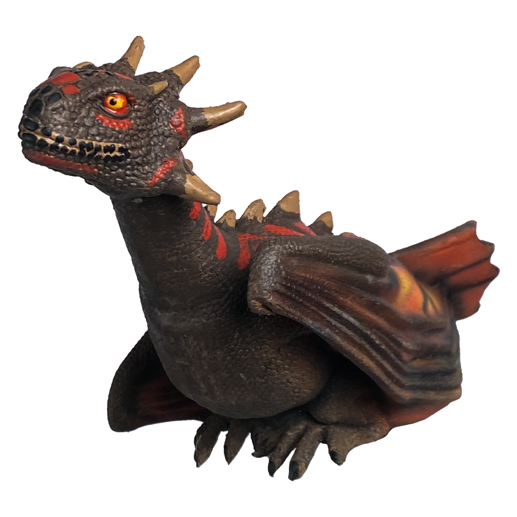 Angled left side view of shoulder dragon prop. Gray dragon with yellow eyes, some red scales, several large gray spikes, pink and gray wings, long tail.