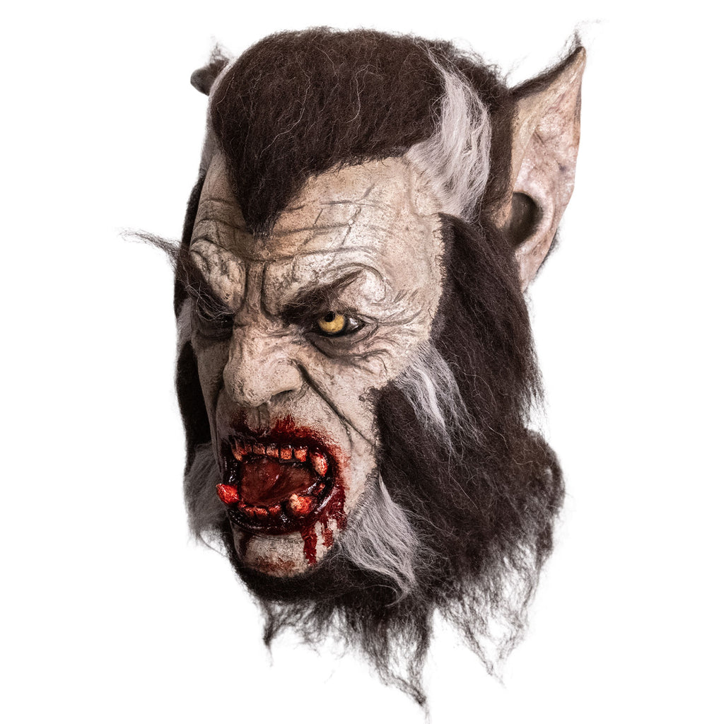 Mask, left side view.  Werewolf.  Dark brown fur with white streaks on large canine ears and framing the face.  Pale wrinkled skin.  Bushy eyebrows, yellow eyes.  Mouth is open in a snarl with blood on lips, chin and large teeth.