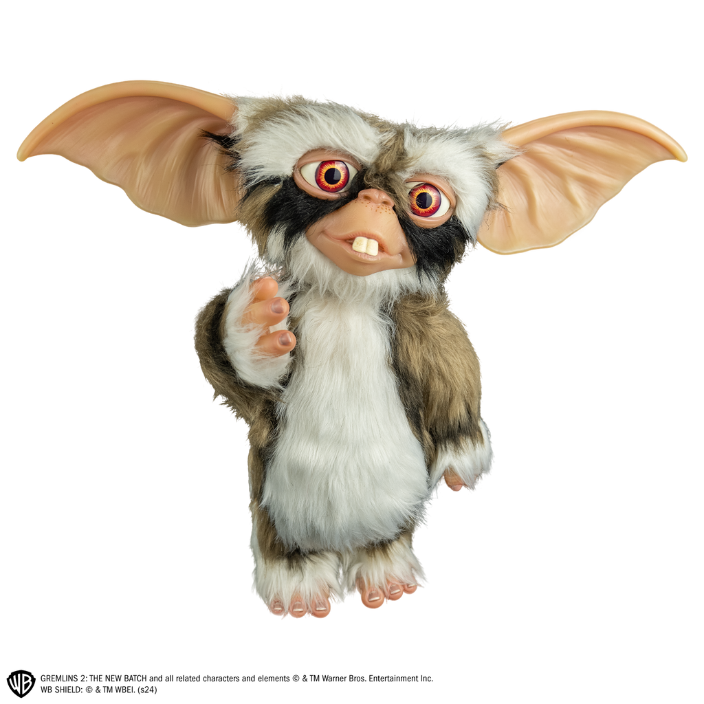 Lenny mogwai prop, front view, full body, black, light brown and white fur. buck teeth, large brown eyes, large pointed tan ears.  Hairless hands and feet. 