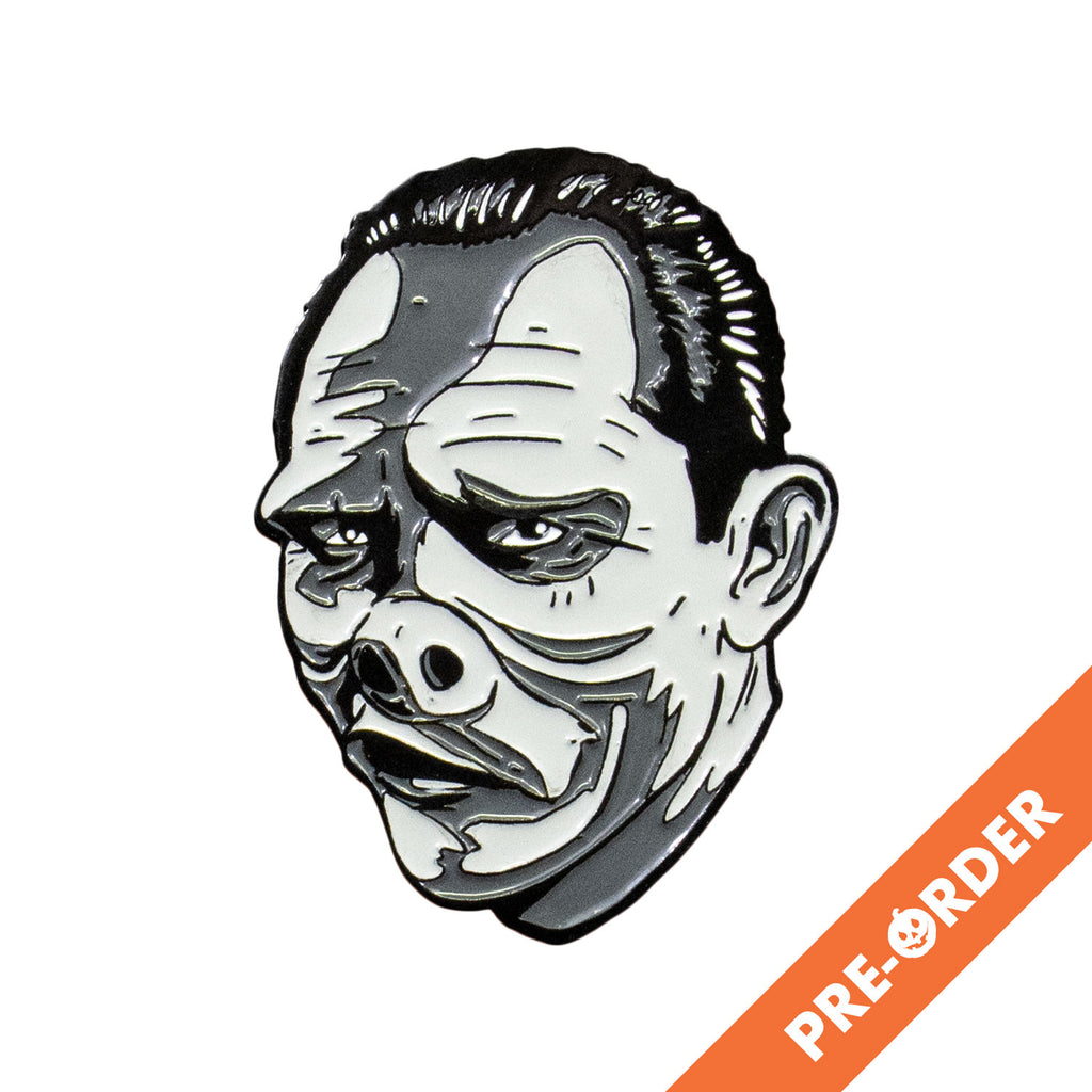 white background, orange diagonal banner at bottom right, white text reads pre-order.  Air freshener. Black and white illustration, man's head and neck. Black hair, dark around eyes, pug nose, crooked mouth.