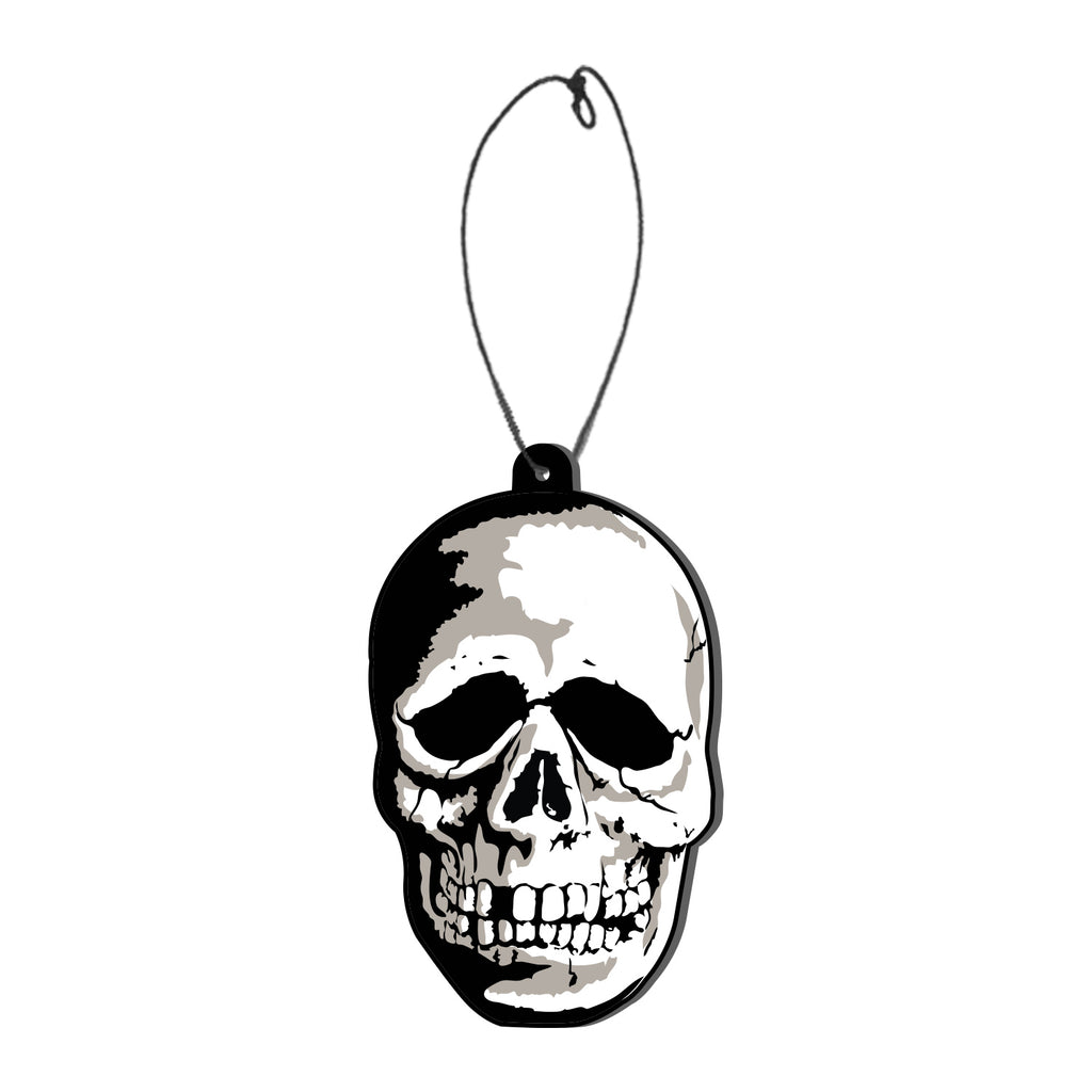 Fear freshener.  White, gray and black skull face. Black string attached for hanging