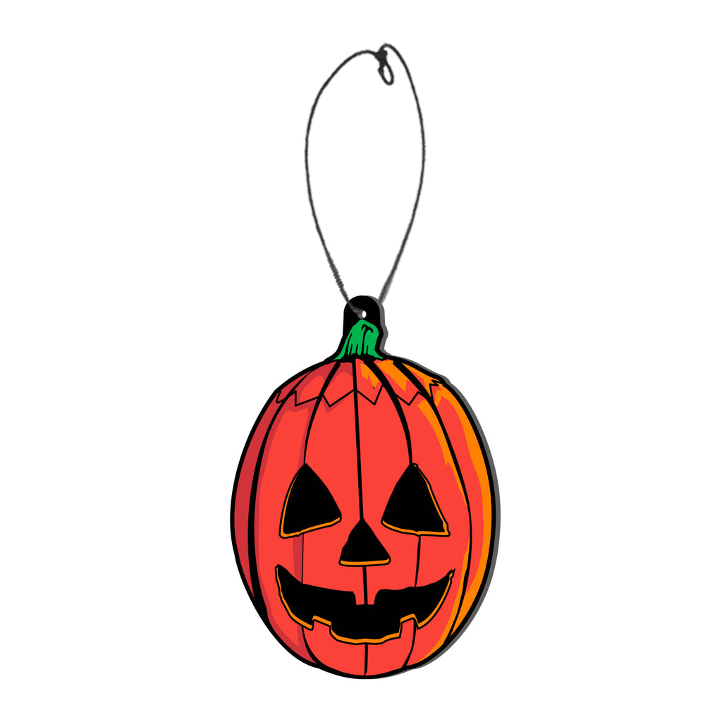 Fear freshener.  Orange jack o' lantern face, cut top with green stem, black triangle eyes and nose, black smiling mouth. Black string attached for hanging