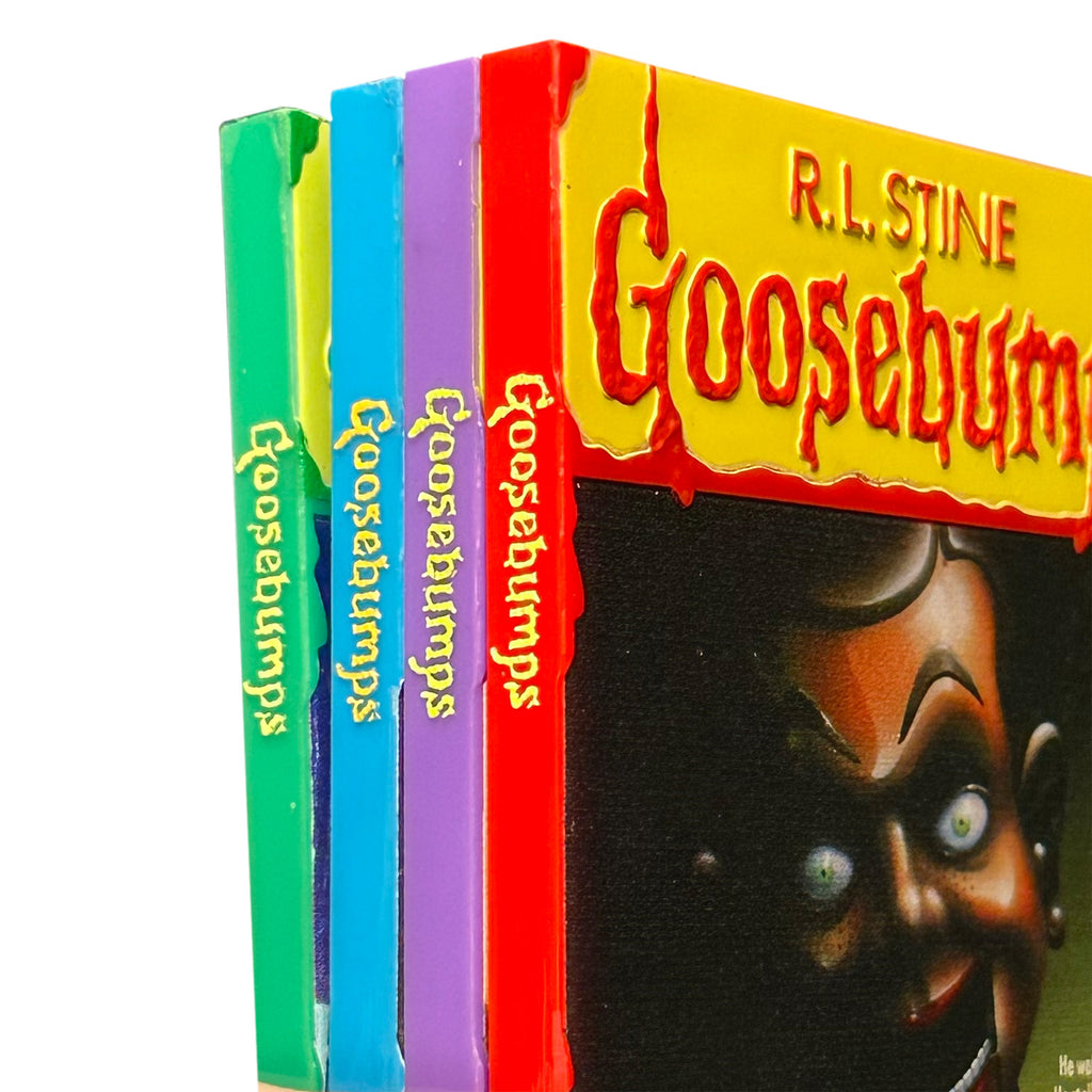Close up of edges of 4 Magnet set, stacked, with the appearance of book covers. The magnet in front has an illustration of a menacing ventriloquist dummy with a black and green background. Yellow banner at top, red text reads R.L. Stine, Goosebumps. 