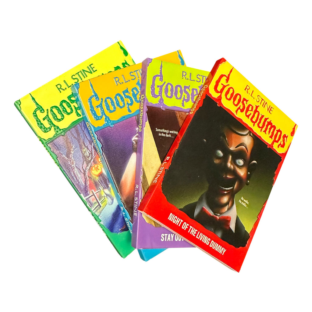 4 Magnet set, stacked, with the appearance of book covers. The magnet in front has an illustration of a menacing ventriloquist dummy with a black and green background. Yellow banner at top, red text reads R.L. Stine, Goosebumps. White text on illustration reads He walks, He stalks. Red border at bottom, white text reads Night of the Living Dummy.