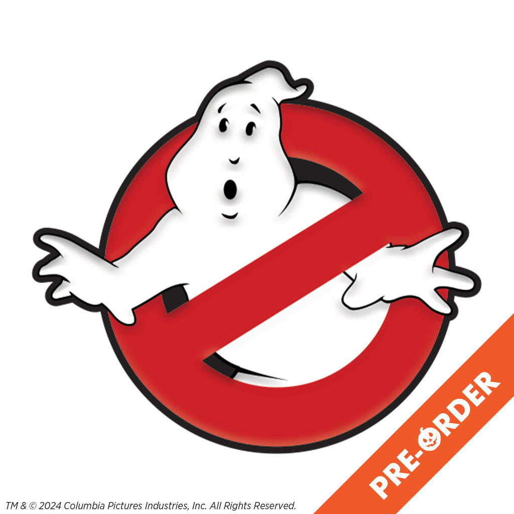 white background, orange diagonal banner at bottom right, white text reads pre-order.  enamel pin. White ghost in red crossed circle.