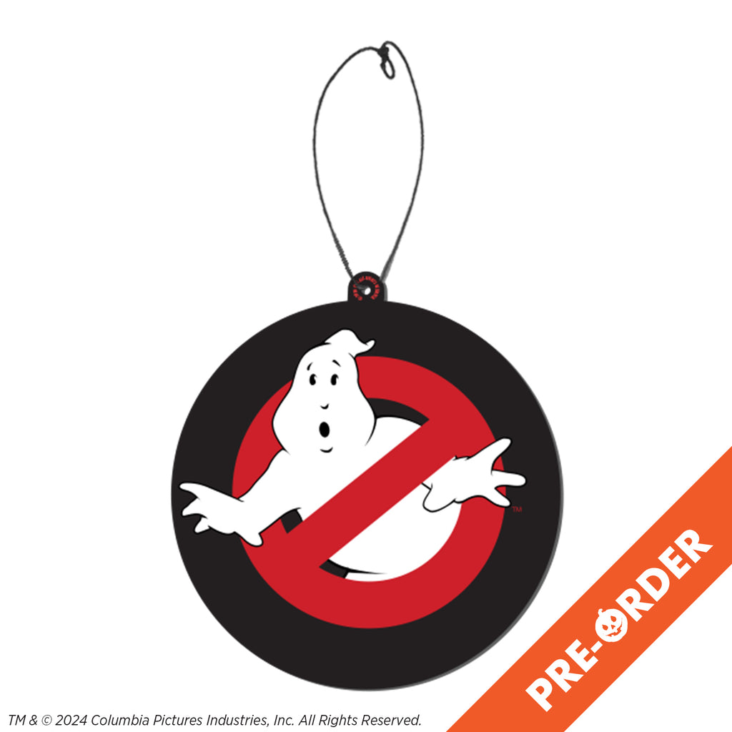 white background, orange diagonal banner bottom right, white text reads pre-order. Fear freshener Black circle, White ghost in red crossed circle. elastic string at at top