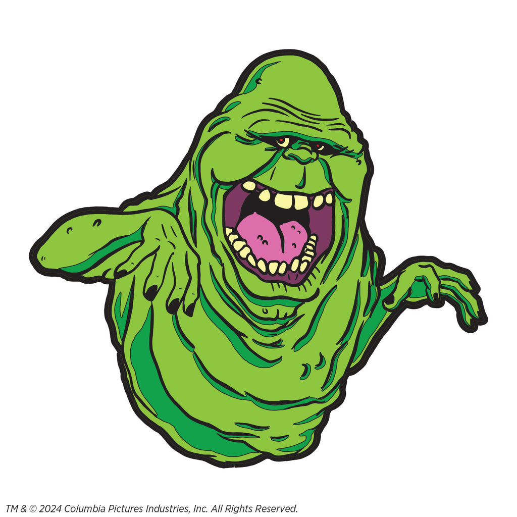 enamel pin. Bright green ghost head,neck and arms, lumpy blob with small eyes and nose, large open mouth showing large square teeth and tongue.