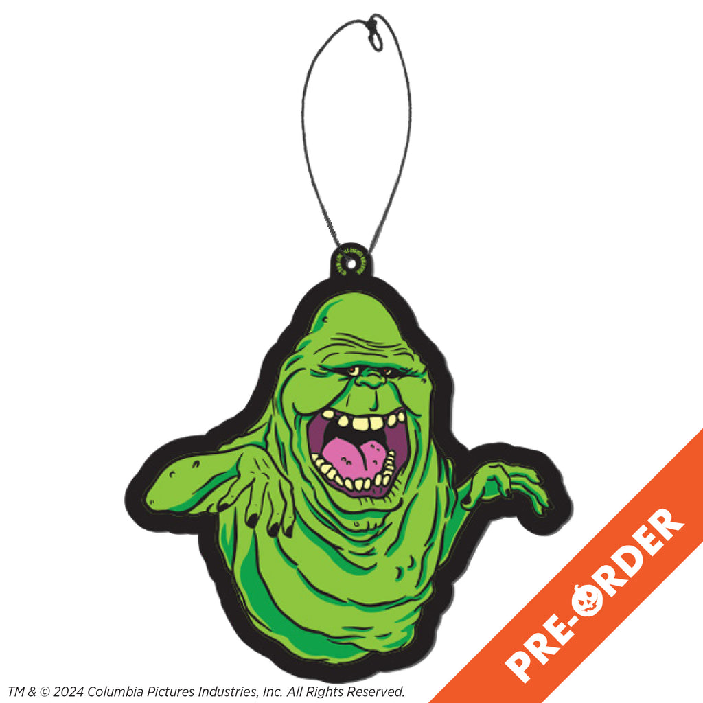 White background, orange diagonal banner bottom right, white text reads pre-order. Fear freshener. Black outline, Bright green ghost head,neck and arms, lumpy blob with small eyes and nose, large open mouth showing large square teeth and tongue.