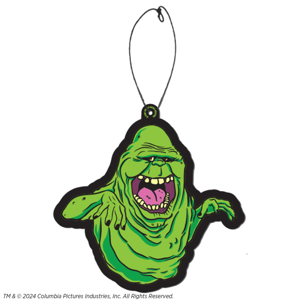 Fear freshener. Black outline, Bright green ghost head,neck and arms, lumpy blob with small eyes and nose, large open mouth showing large square teeth and tongue.
