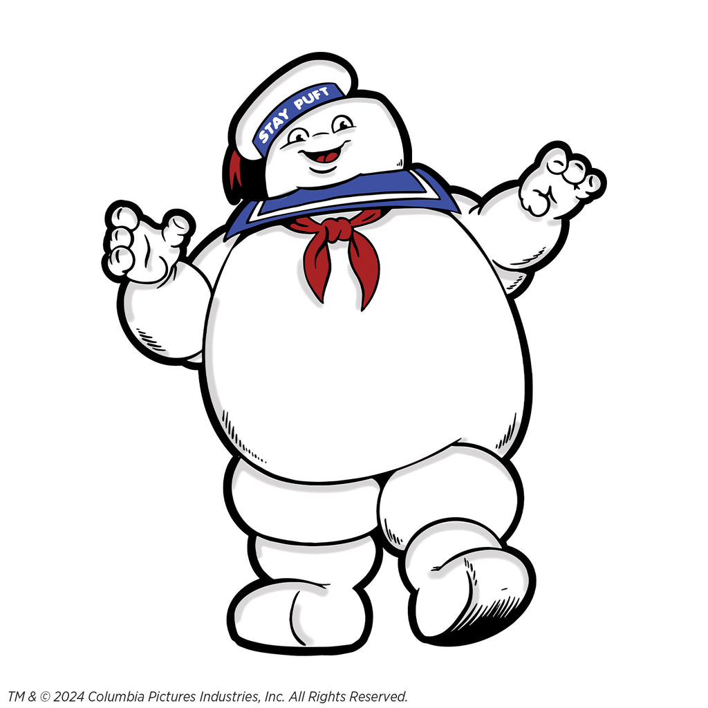 Enamel pin. Round white head, large eyes with large black pupils, mouth open in a smile showing red tongue. White hat cocked to the side on the right side of the head, blue band with white text reads Stay Puft, red ribbon tassel at top center of hat. Blue sailor collar, red neckerchief. Plump round body, legs, and arms.