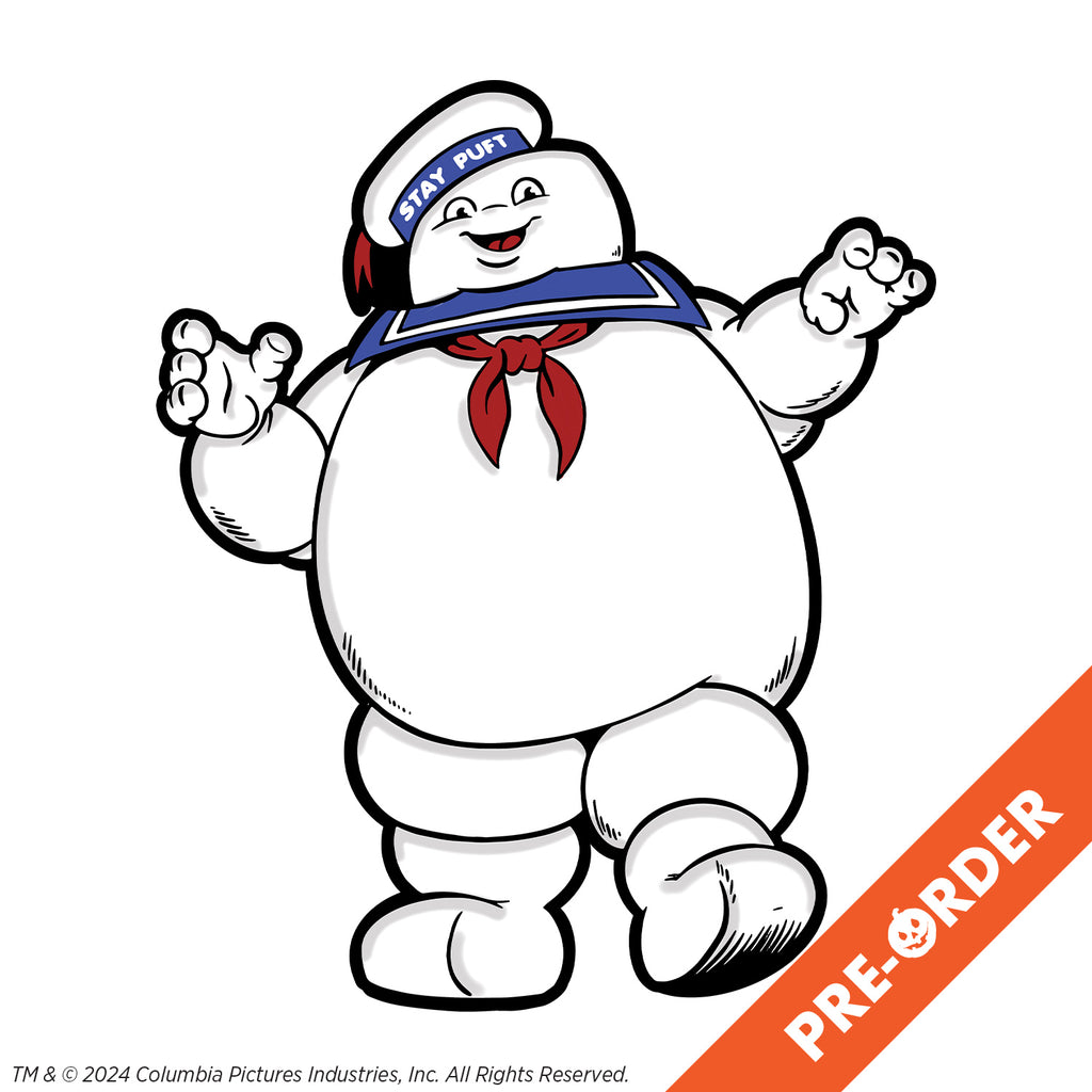 White background, orange diagonal banner at bottom right, white text reads pre-order. Enamel pin. Round white head, large eyes with large black pupils, mouth open in a smile showing red tongue. White hat cocked to the side on the right side of the head, blue band with white text reads Stay Puft, red ribbon tassel at top center of hat. Blue sailor collar, red neckerchief. Plump round body, legs, and arms.