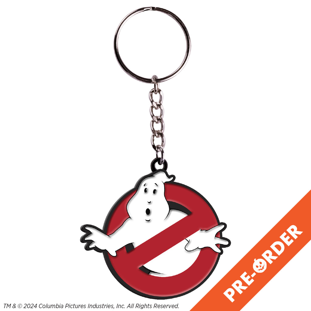 White background, orange diagonal banner bottom right, white text reads pre-order.  Keychain, White ghost in red crossed circle. attached to chain and key ring at top