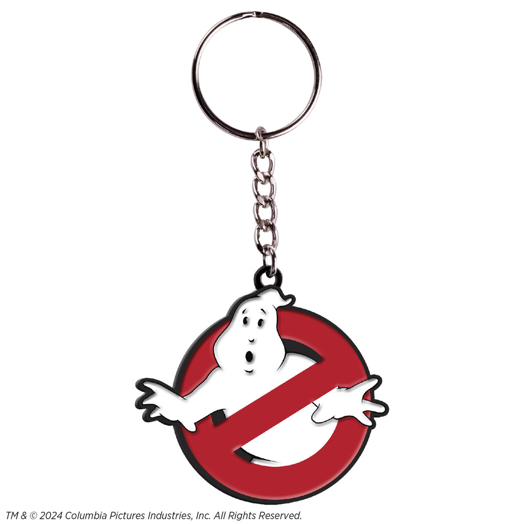 Keychain. enamel pin. White ghost in red crossed circle. attached to chain and key ring at top