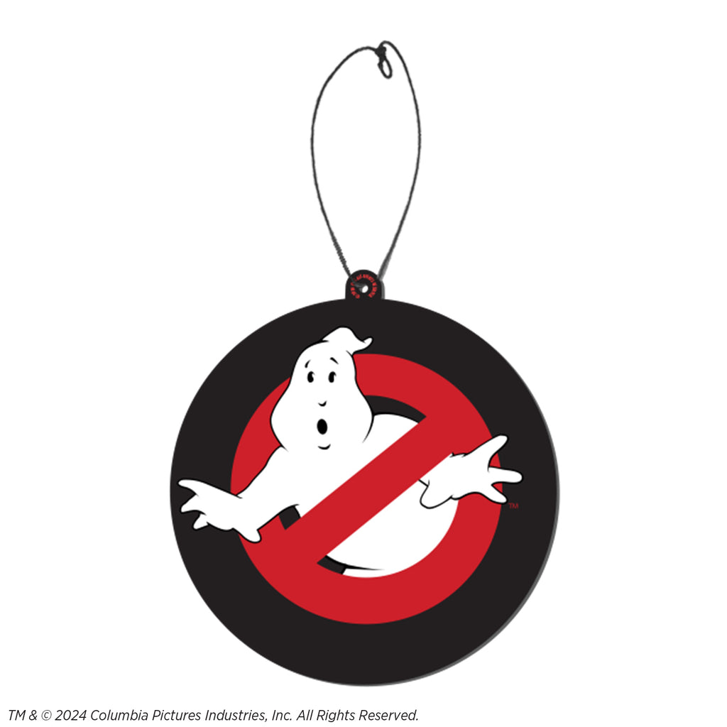Fear freshener Black circle, White ghost in red crossed circle. elastic string at at top