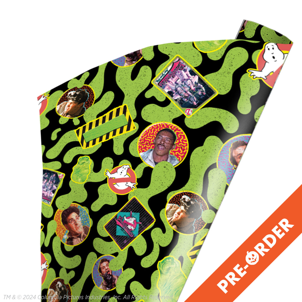 white background, orange diagonal banner bottom right, white text reads pre-order. wrapping paper. Black background and green blobs, repeating pattern of movie characters and images.  