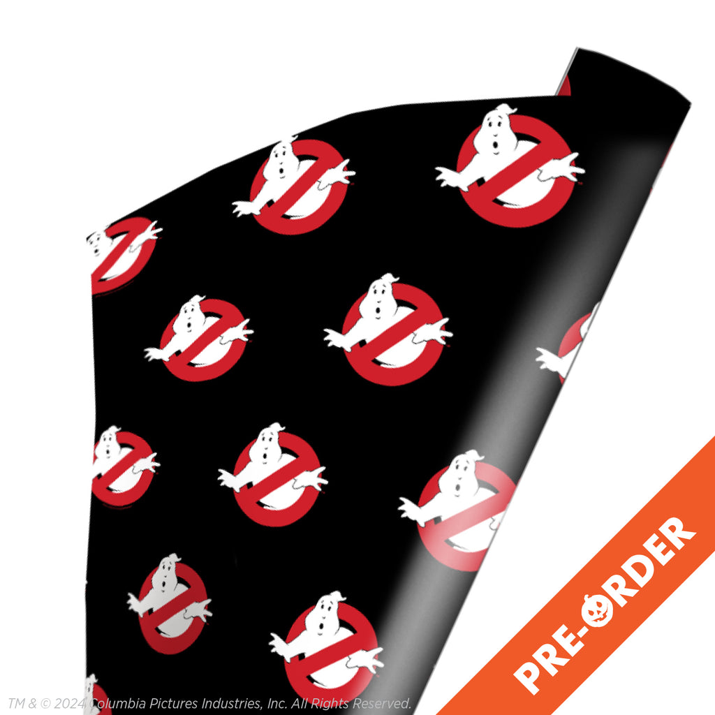 white background, orange diagonal banner bottom right, white text reads pre-order. wrapping paper. Black background with repeating pattern of a White ghost in red crossed circle.