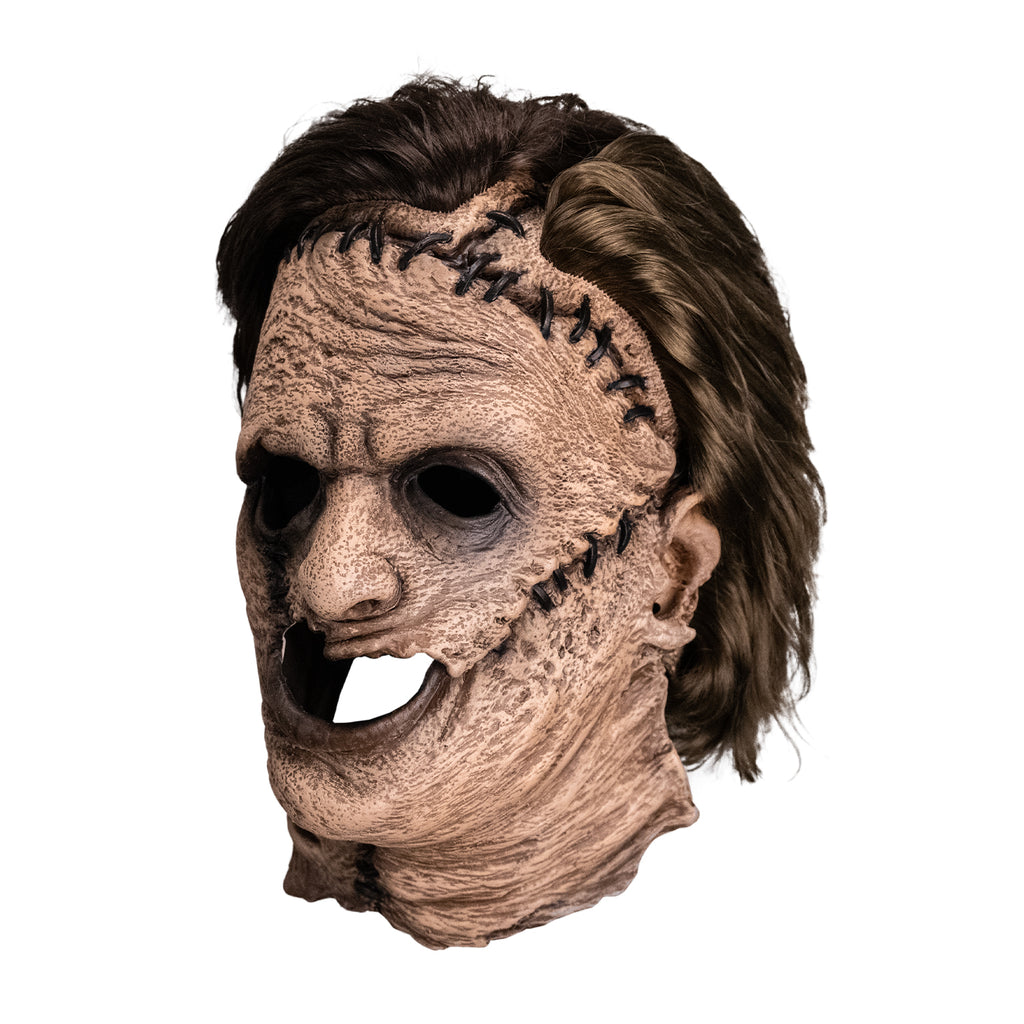 Leatherface latex mask with stitches and hair details, side view
