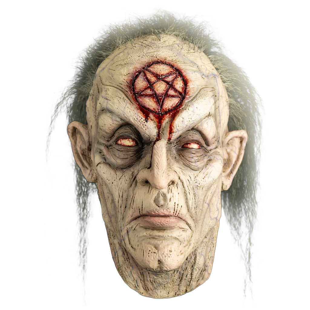 mask, front view, head and neck.  Receding hairline sparse frizzy gray hair. wrinkled mottled flesh.  Bloody pentagram carved into forehead.  No eyebrows.  Bloodshot eyes showing whites only, dark bags under eyes.  Large ears and nose, closed mouth in a frown.