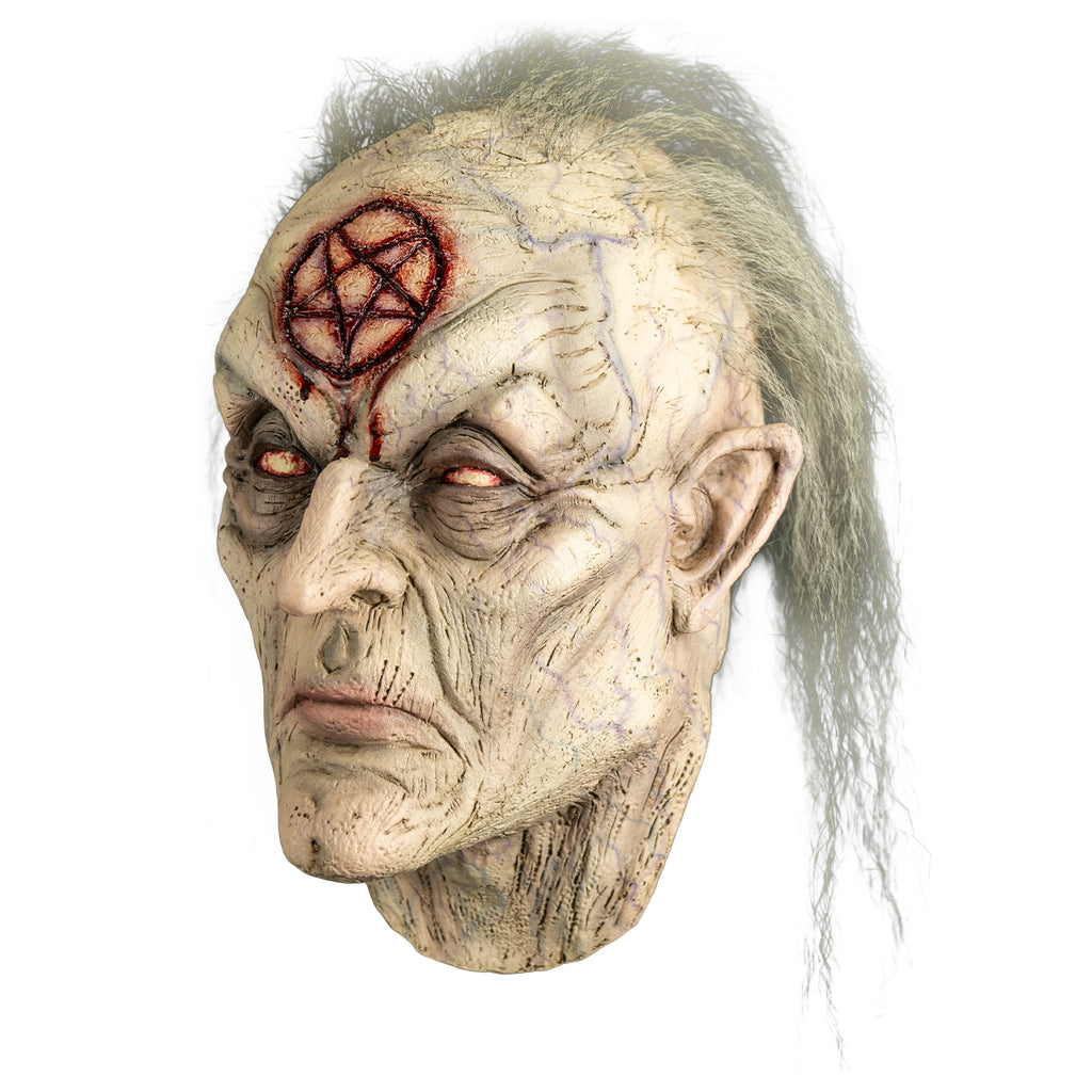 mask, left view, head and neck.  Receding hairline sparse frizzy gray hair. wrinkled mottled flesh.  Bloody pentagram carved into forehead.  No eyebrows.  Bloodshot eyes showing whites only, dark bags under eyes.  Large ears and nose, closed mouth in a frown.