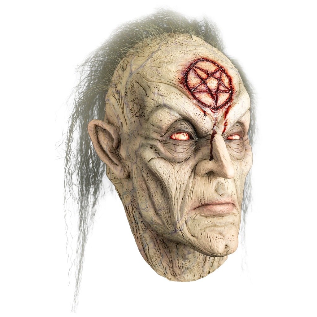 mask, right view, head and neck.  Receding hairline sparse frizzy gray hair. wrinkled mottled flesh.  Bloody pentagram carved into forehead.  No eyebrows.  Bloodshot eyes showing whites only, dark bags under eyes.  Large ears and nose, closed mouth in a frown.