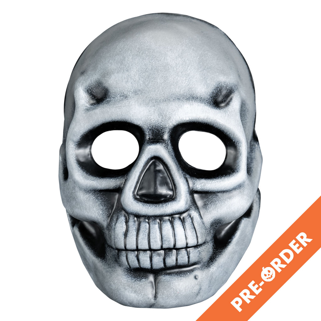 white background, orange diagonal banner at bottom right, white text reads pre-order.  Mask front view. Black and white toned face mask. Skeleton face black around eye sockets, black inside of triangle nose.
