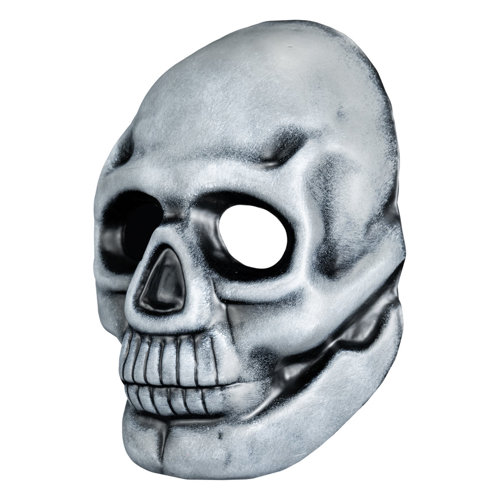 Mask left view. Black and white toned face mask. Skeleton face black around eye sockets, black inside of triangle nose.