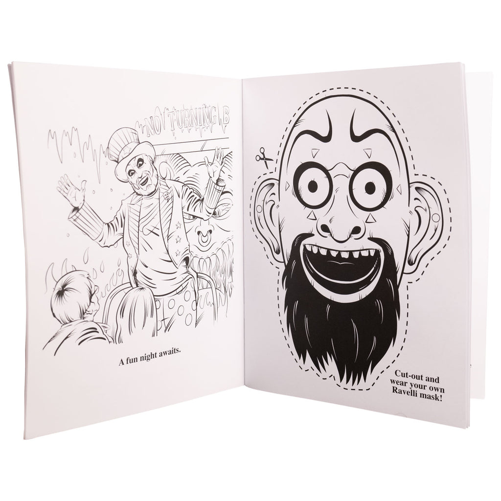 open coloring book.  black line drawings of characters.  Left page, black text reads A fun night awaits.  Right page, black text reads, cut out and wear your own rivelli mask