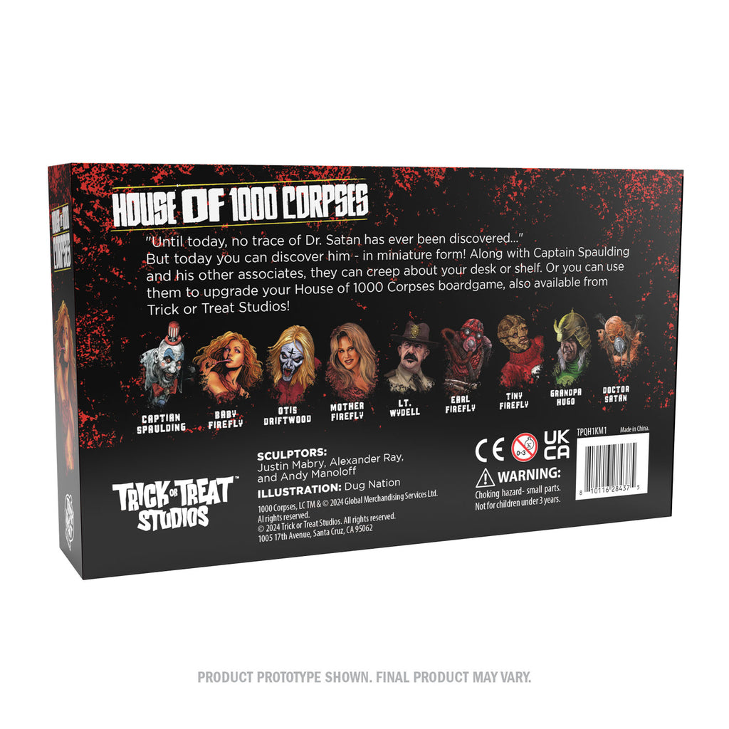Product packaging, back. Red and black box. White text reads House of 1000 Corpses. Product description in white text. Colored illustration of character faces shown on box with names underneath in white text, reads, Captain Spaulding, Baby Firefly, Otis Driftwood, Mother Firefly, Lt. Wydell, Earl Firefly, Tiny Firefly, Grandpa Hugo, Doctor Satan. At bottom Large white text reads Trick or Treat Studios. Artist information, manufacturing and licensing information.