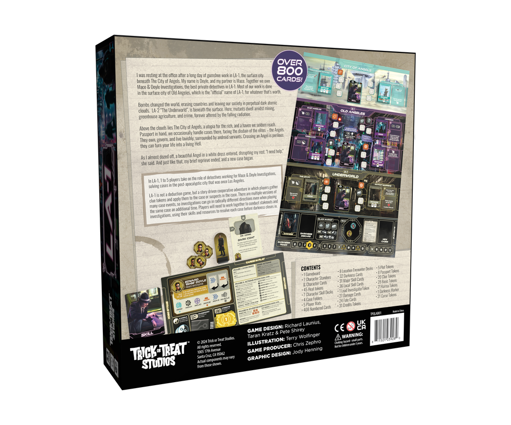 LA-1 game box back - illustration of game pieces and cards, text is game description and details.  Manufacturer and licensing information at bottom