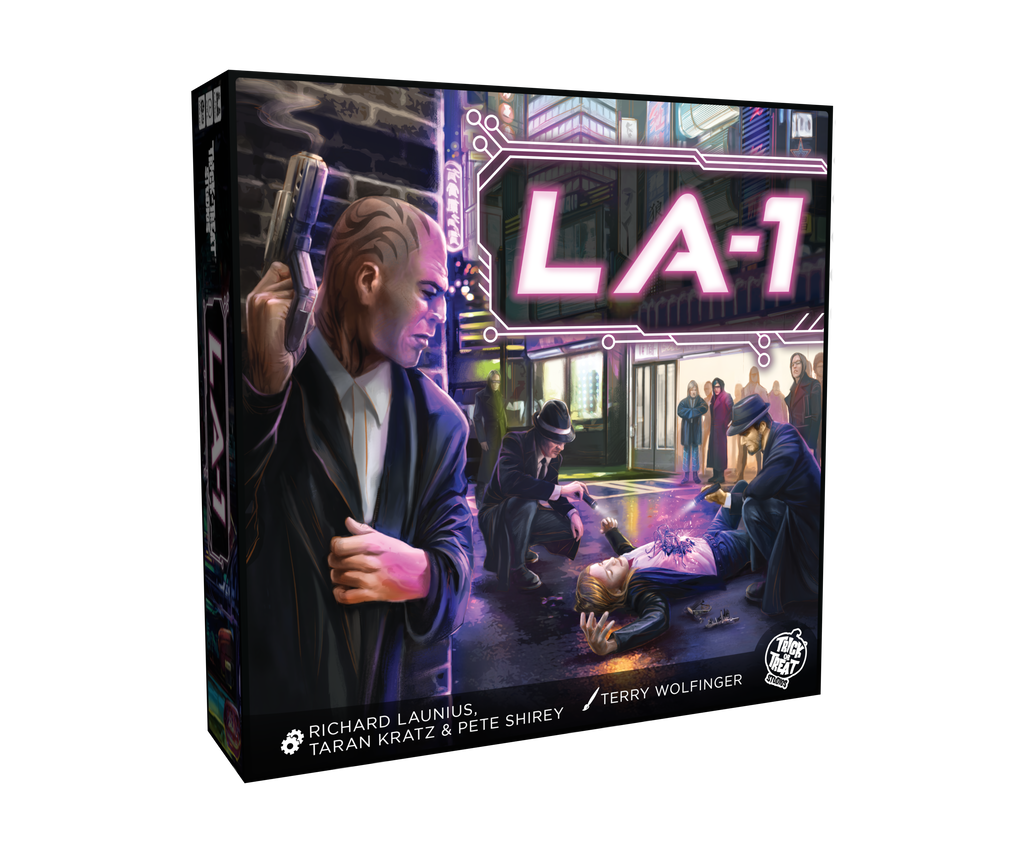 LA-1 Game box front. Illustrated scene of man holding a gun hiding behind a wall, police investigating crime scene with victim, crowd of onlookers in the background.  White text top right reads LA-1. white text at bottom reads Richard Launius, Taran Kratz & Pete Shirey, Terry Wolfinger.  White Trick or Treat Studios logo at bottom right