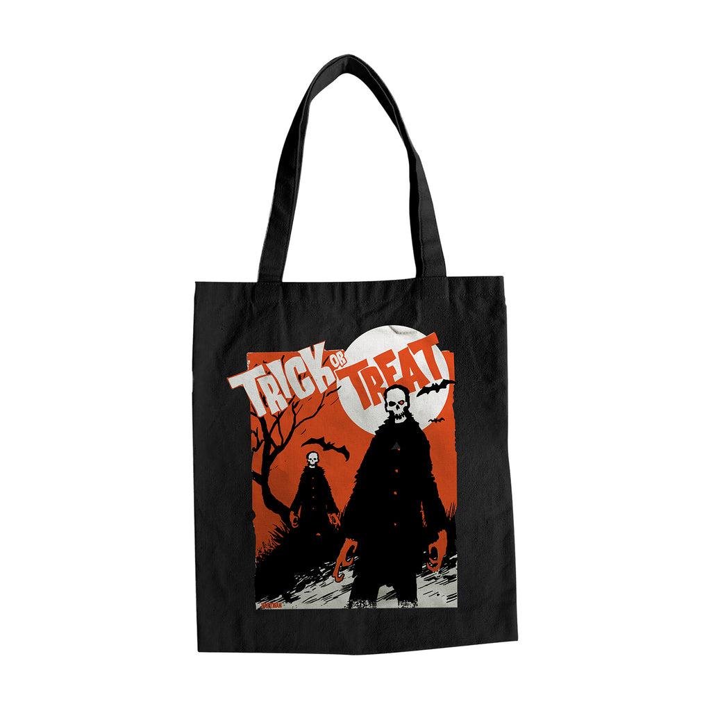 Black canvas bag. Illustration, orange, black and white, 2 monsters, white moon and black bats on orange background. Text reads Trick or Treat.