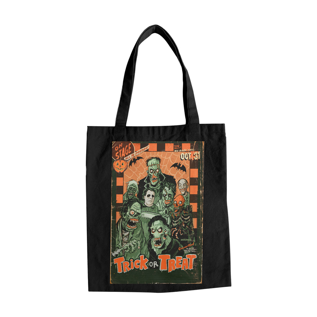 Black canvas bag. Illustration, orange black white and green, Several monsters, black bats in the background. Text reads Trick or Treat.